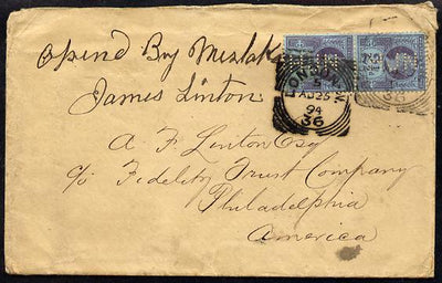 Great Britain 1894 cover to USA bearing pair Jubilee 2.5d each with HJN perfin