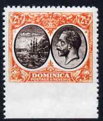 Dominica 1923-33 KG5 Badge 2.5d black & orange-yellow imperf between stamp and margin being a 'Hialeah' forgery on gummed paper (as SG 77var)