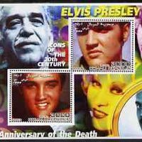 Somalia 2002 Elvis Presley 25th Anniversary of Death #03 perf sheetlet containing 2 values with Gabriel Garcia Marquez, Mae West & Charlie Chaplin in background fine cto used