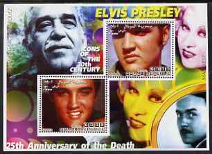 Somalia 2002 Elvis Presley 25th Anniversary of Death #03 perf sheetlet containing 2 values with Gabriel Garcia Marquez, Mae West & Charlie Chaplin in background fine cto used