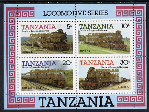 Tanzania 1985 Locomotives unmounted mint perf proof m/sheet with 'Caribbean Royal Visit 1985' opt in gold with opt doubled