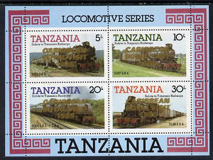 Tanzania 1985 Locomotives unmounted mint perf proof m/sheet with 'Caribbean Royal Visit 1985' opt in gold with opt doubled