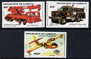 Djibouti 1984 Fire Fighting imperf set of 3 (Fire engine, crane & Aircraft) as SG 929-31