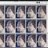 Great Britain 1972 Royal Silver Wedding 3p unmounted mint traffic light corner block of 15 with numerous white spots probably caused by a cleaning solution splashing onto the printing plate, affaects at least 8 stamps but is parti……Details Below