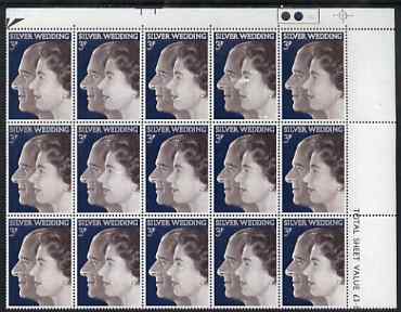 Great Britain 1972 Royal Silver Wedding 3p unmounted mint traffic light corner block of 15 with numerous white spots probably caused by a cleaning solution splashing onto the printing plate, affaects at least 8 stamps but is parti……Details Below