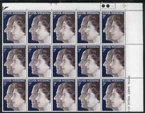 Great Britain 1972 Royal Silver Wedding 3p unmounted mint traffic light corner block of 15 with numerous white spots probably caused by a cleaning solution splashing onto the printing plate, affaects at least 8 stamps but is parti……Details Below