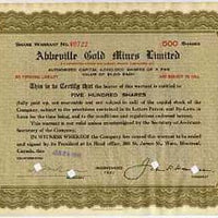 Abbeville Gold Mines Ltd share certificate (500 shares) dated Jan 29 1938 (size 11"x8")