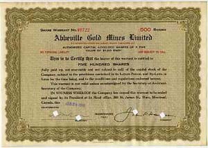 Abbeville Gold Mines Ltd share certificate (500 shares) dated Jan 29 1938 (size 11"x8")