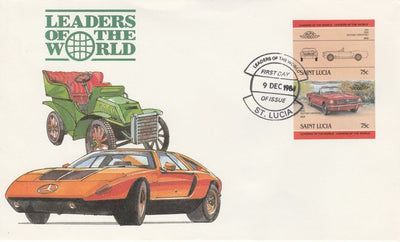 St Lucia 1984 Cars #2 (Leaders of the World) 75c Ford Mustang (1965) imperf se-tenant pair on illustrated cover with first day cancel (as SG 753a) very few imperfs are known on cover