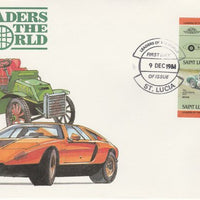 St Lucia 1984 Cars #2 (Leaders of the World) $2 Aston Martin DB3S (1954) imperf se-tenant pair on illustrated cover with first day cancel (as SG 757a) very few imperfs are known on cover