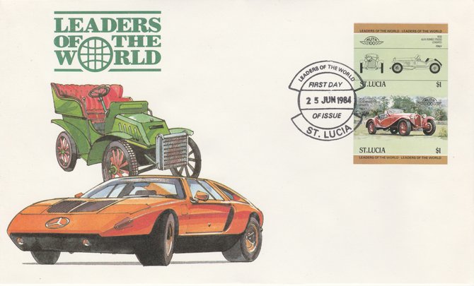 St Lucia 1984 Cars #1 (Leaders of the World) $1 Alfa Romeo (1930) imperf se-tenant pair on illustrated cover with first day cancel (as SG 707a) very few imperfs are known on cover