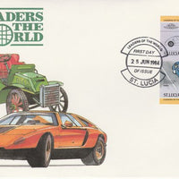 St Lucia 1984 Cars #1 (Leaders of the World) 5c Bugatti Type 57SC (1939) imperf se-tenant pair on illustrated cover with first day cancel (as SG 703a) very few imperfs are known on cover