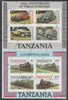 Tanzania 1985 Railways m/sheet se-tenant with 1986 Centenary of Motoring m/sheet both unmounted mint with spectacular oblique perforation strikes, from uncut archive sheet, previously unoffered and believed to be unique