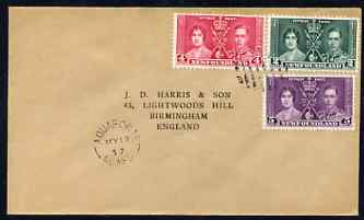 Newfoundland 1937 KG6 Coronation set of 3 on cover with first day cancel addressed to the forger, J D Harris.,Harris was imprisoned for 9 months after Robson Lowe exposed him for applying forged first day cancels to Coronation cov……Details Below