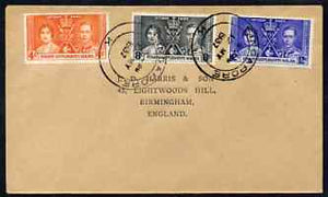Malaya - Straits Settlements 1937 KG6 Coronation set of 3 on cover with first day cancel addressed to the forger, J D Harris.,Harris was imprisoned for 9 months after Robson Lowe exposed him for applying forged first day cancels t……Details Below