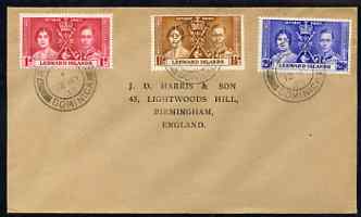 Leeward Islands 1937 KG6 Coronation set of 3 on cover with first day cancel addressed to the forger, J D Harris.,Harris was imprisoned for 9 months after Robson Lowe exposed him for applying forged first day cancels to Coronation ……Details Below
