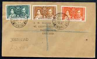 Trinidad & Tobago 1937 KG6 Coronation set of 3 on reg cover with first day cancel addressed to the forger, J D Harris.,Harris was imprisoned for 9 months after Robson Lowe exposed him for applying forged first day cancels to Coron……Details Below
