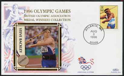 United States 1996 Atlanta Olympics 32c Decathlon on illustrated Benham silk cover (British Olympic Association showing Steve Backley) with special Atlanta cancel, SG 3184