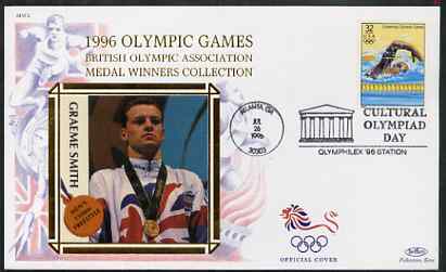 United States 1996 Atlanta Olympics 32c Swimming on illustrated Benham silk cover (British Olympic Association showing Graeme Smith) with special Atlanta cancel