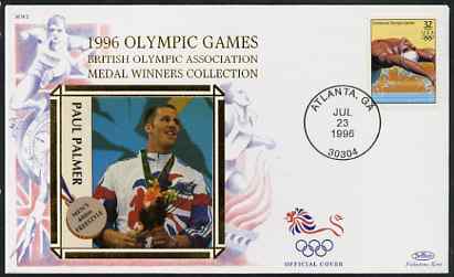United States 1996 Atlanta Olympics 32c Swimming on illustrated Benham silk cover (British Olympic Association showing Paul Palmer) with special Atlanta cancel