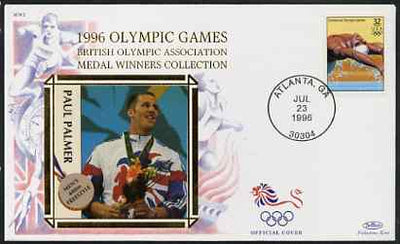United States 1996 Atlanta Olympics 32c Swimming on illustrated Benham silk cover (British Olympic Association showing Paul Palmer) with special Atlanta cancel