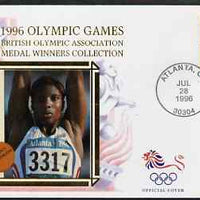 United States 1996 Atlanta Olympics 32c Shot Putt on illustrated Benham silk cover (British Olympic Association showing Denise Lewis) with special Atlanta cancel, SG 3192