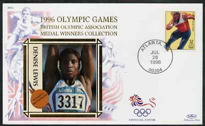 United States 1996 Atlanta Olympics 32c Shot Putt on illustrated Benham silk cover (British Olympic Association showing Denise Lewis) with special Atlanta cancel, SG 3192