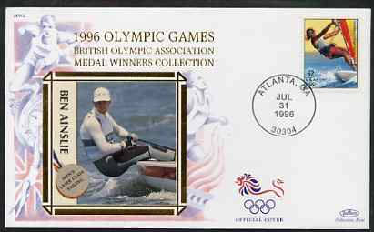 United States 1996 Atlanta Olympics 32c Sailboarding on illustrated Benham silk cover (British Olympic Association showing Ben Ainslie) with special Atlanta cancel