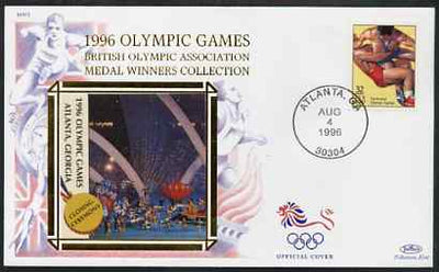United States 1996 Atlanta Olympics 32c Wrestling on illustrated Benham silk cover (British Olympic Association showing Closing Ceremony) with special Atlanta cancel, SG 3189