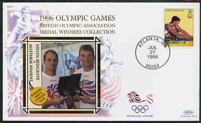 United States 1996 Atlanta Olympics 32c Men's Rowing on illustrated Benham silk cover (British Olympic Association showing Steven Redgrave & Matthew Pinsent) with special Atlanta cancel, SG 3195