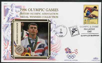 United States 1996 Atlanta Olympics 32c Men's Hurdling on illustrated Benham silk cover (British Olympic Association showing Jonathan Edwards) with special Atlanta cancel, SG 3199