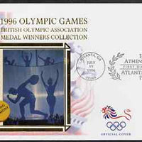 United States 1996 Centenary of Modern Olympics 32c Discus Thrower on illustrated Benham silk cover (British Olympic Association showing Opening Ceremony) with special Atlanta cancel