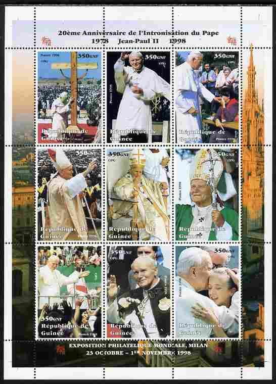 Guinea - Conakry 1998 20th Anniversary of Election of Pope John Paul II #1 perf sheetlet containing 9 values unmounted mint