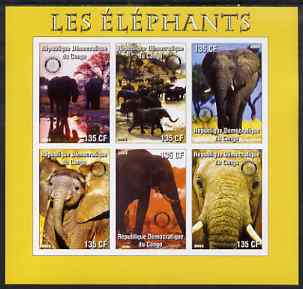 Congo 2003 Elephants imperf sheetlet #02 (yellow border) containing 6 x 135 F values each with Rotary Logo, unmounted mint