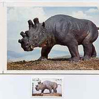Oman 1979 Prehistoric Animals - original artwork for 15b value (Uintatherium eocene) comprising coloured illustration mounted on board with lettering on tracing-paper overlay, plus issued stamp