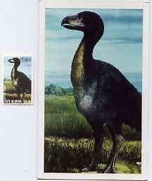 Oman 1979 Prehistoric Animals - original artwork for 1R value (Diatryma eocene) comprising coloured illustration mounted on board with lettering on tracing-paper overlay, plus issued stamp