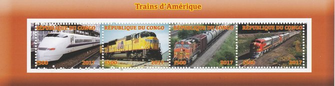 Congo 2017 Trains of America perf sheetlet containing 4 values unmounted mint. Note this item is privately produced and is offered purely on its thematic appeal