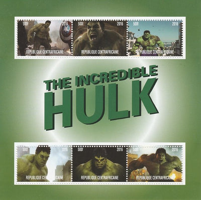 Central African Republic 2016 The Incredible Hulk perf sheetlet containing 6 values unmounted mint. Note this item is privately produced and is offered purely on its thematic appeal