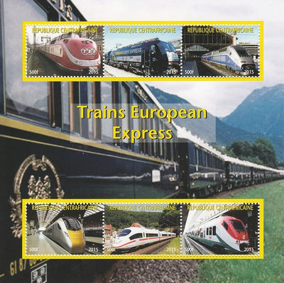 Central African Republic 2015 Express Trains of Europe #1 perf sheetlet containing 6 values unmounted mint. Note this item is privately produced and is offered purely on its thematic appeal