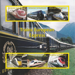 Central African Republic 2015 Express Trains of Europe #1 imperf sheetlet containing 6 values unmounted mint. Note this item is privately produced and is offered purely on its thematic appeal