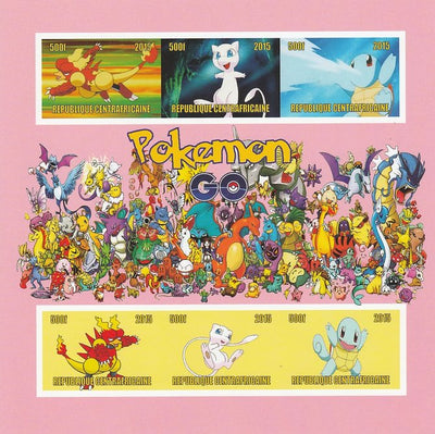 Central African Republic 2015 Pokemon #1 (pink background imperf sheetlet containing 6 values unmounted mint. Note this item is privately produced and is offered purely on its thematic appeal