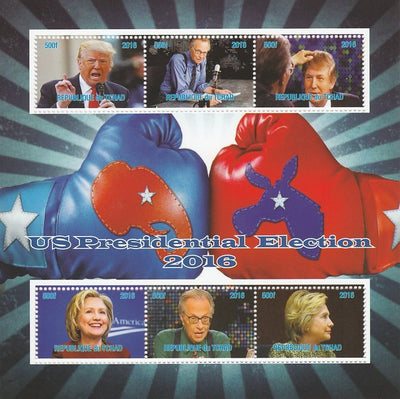 Chad 2016 US Presidential Elections perf sheetlet containing 6 values unmounted mint. Note this item is privately produced and is offered purely on its thematic appeal. .