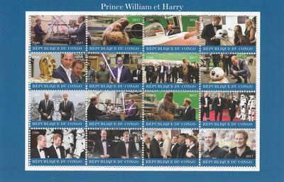 Congo 2017 Prince William & Harry perf sheetlet containing 16 values unmounted mint. Note this item is privately produced and is offered purely on its thematic appeal