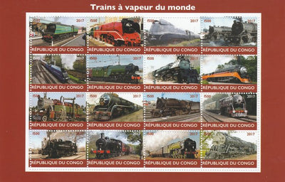 Congo 2017 Steam Trains of the World perf sheetlet containing 16 values unmounted mint. Note this item is privately produced and is offered purely on its thematic appeal