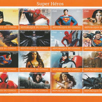Congo 2017 Super Heroes perf sheetlet containing 16 values,(Superman, Batman, Spiderman & Wonder Woman) unmounted mint. Note this item is privately produced and is offered purely on its thematic appeal.