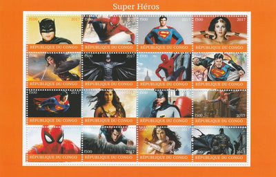 Congo 2017 Super Heroes perf sheetlet containing 16 values,(Superman, Batman, Spiderman & Wonder Woman) unmounted mint. Note this item is privately produced and is offered purely on its thematic appeal.