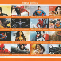 Congo 2017 Super Heroes imperf sheetlet containing 16 values unmounted mint (Superman, Batman, Spiderman & Wonder Woman) Note this item is privately produced and is offered purely on its thematic appeal, it has no postal validity