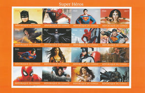 Congo 2017 Super Heroes imperf sheetlet containing 16 values unmounted mint (Superman, Batman, Spiderman & Wonder Woman) Note this item is privately produced and is offered purely on its thematic appeal, it has no postal validity