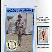 Oman 1980 75th Anniversary of Rotary - original artwork for 1b value (Scout Uniform of Nepal) comprising coloured illustration mounted on board with lettering on tracing-paper overlay, plus issued stamp