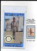 Oman 1980 75th Anniversary of Rotary - original artwork for 1b value (Scout Uniform of Nepal) comprising coloured illustration mounted on board with lettering on tracing-paper overlay, plus issued stamp